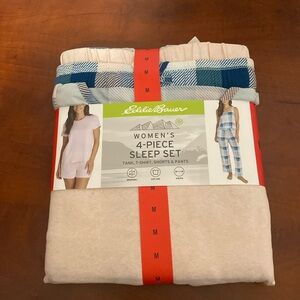 Eddie Bauer Women 4 Piece Pajama Set Teal Squares Size M